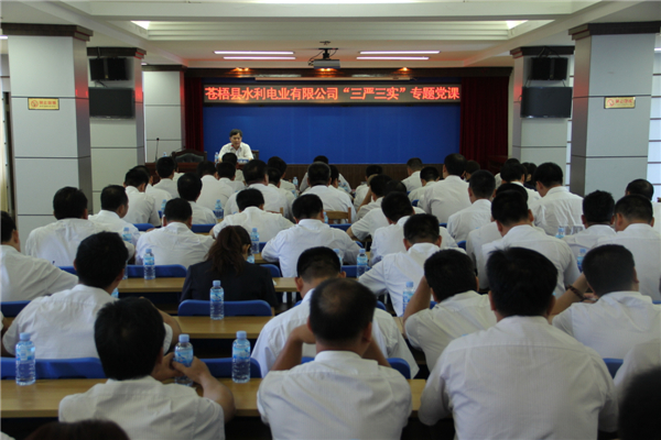 6月5日，蒼梧縣水利電業(yè)有限公司開展 “三嚴(yán)三實(shí)”專題教育黨課暨黨風(fēng)廉政教育培訓(xùn)，黨課邀請(qǐng)蒼梧縣人民檢察副檢察長(zhǎng)莫孔文為